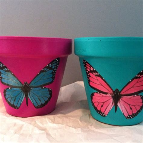 Acrylic Paint On Plain Flower Pots With Modge Podge Butterflies