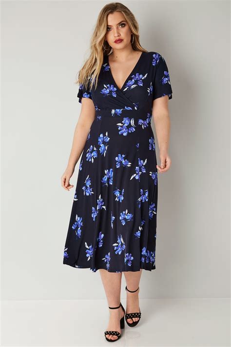 Navy Floral Wrap Over Jersey Midi Dress With Waist Tie Plus Size 16 To