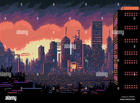 Pixel Art Cityscape 16 Bit Urban Skyline Filled With Skyscrapers