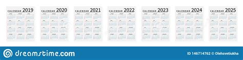 Mockup Simple Calendar Layout For 2019 To 2025 Years Week Starts From