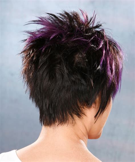 Short and sassy, this sort pixie haircut demonstrates how a rainbow colour can be quite successfully. Short Straight Black Plum Hairstyle with Purple Highlights