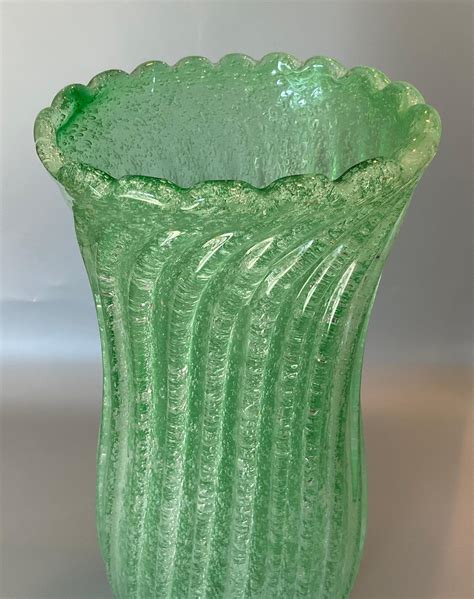 Large Murano Art Glass Vase In Green Pulegoso Glass With Ribbed Design Scalloped For Sale At 1stdibs