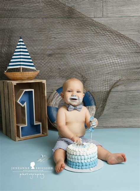 Each pennant is sewn onto cotton ivory twine. Love these colors! Blue nautical boy first birthday cake ...