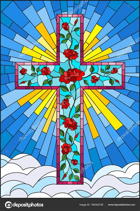 Ilustración En Estilo Vidriera Con Cruz Cristiana Decorada Con Rosas