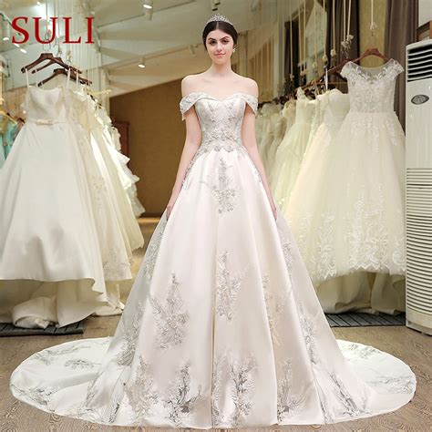 Sl 83 Designer Wedding Bridal Gowns Satin Embroidered Pearls Bling Lace