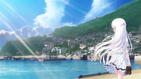 Landscape Sea Bay Long Hair White Hair Anime Anime Girls Sky