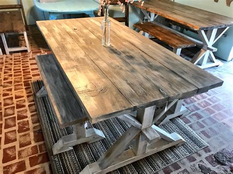 Table makeover ~ kitchen table redo ~ painted furniture ~ farmhouse table. Rustic Pedestal Farmhouse Table With Benches Gray White ...
