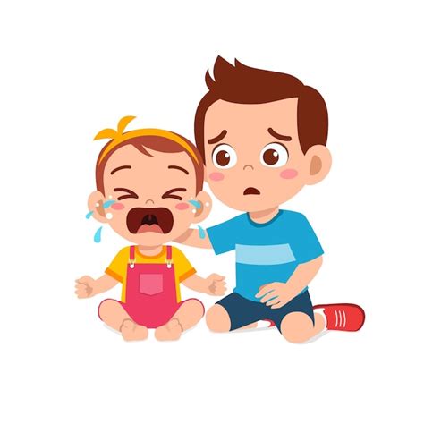 Premium Vector Cute Little Boy Try To Comfort Crying Baby Sister