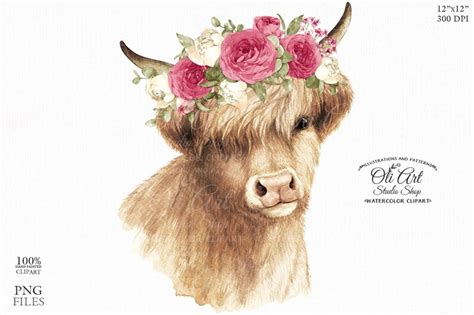 Highland Cow With Roses Clipart Png Floral Crown Cow With Etsy