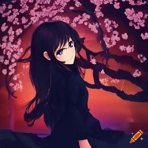 Anime Style Girl Sitting Under Cherry Blossom Tree On Craiyon