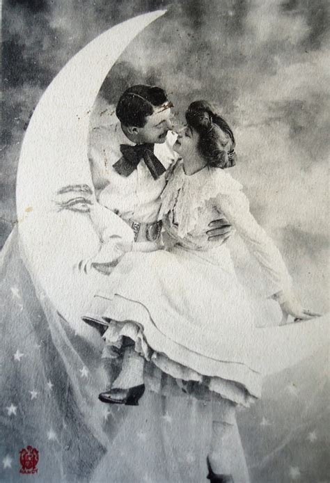 Antique Paper Moon Postcard Romantic Couple Man Woman Sky