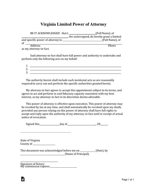Free Virginia Limited Power Of Attorney Form Pdf Word Eforms