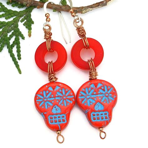 Red Turquoise Sugar Skull Handmade Earrings Halloween Day Of The Dead