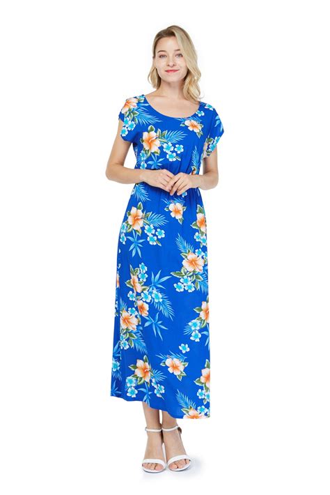 Women S Hawaiian Luau Cap Sleeve Maxi Simple Dress In Hibiscus