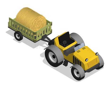 Isometric Agricultural Tractor With Cart And Roll Of Hay Transport And