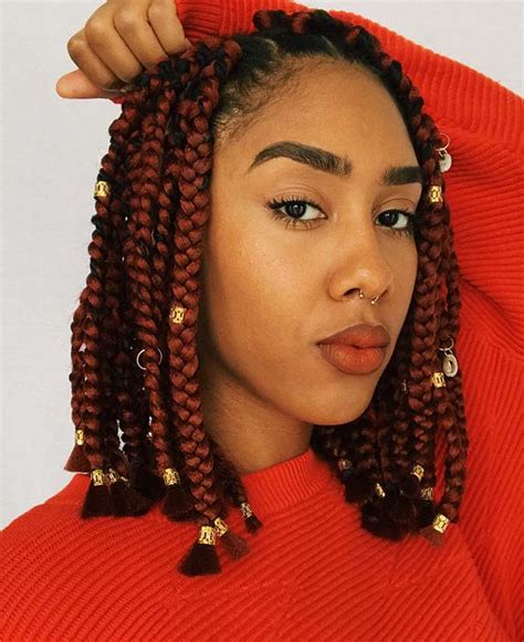 Red highlighted braids with golden cuffs. 23 Short Box Braid Hairstyles Perfect for Warm Weather ...
