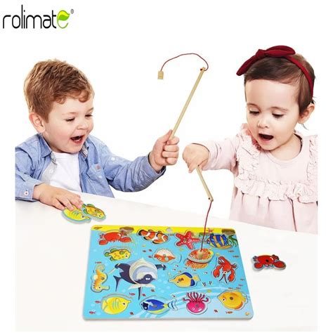 Baby Educational Toys 14pcs Fish Wooden Magnetic Fishing Toy Set Fish