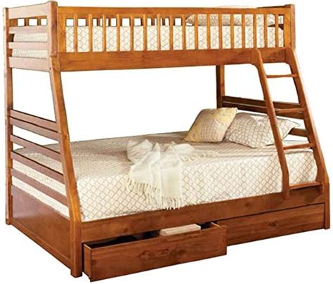 Slatted Twin Over Full Wooden Bunk Bed With Attached Ladder Oak Brown Modern Contemporary Wood