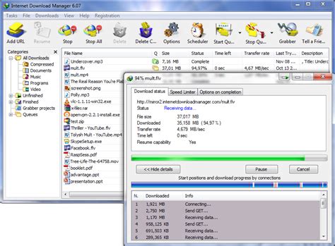 Internet download manager can connect to the internet at a set time, download the files you want, then disconnect or even shut down your computer when its done. Internet Download Manager screenshot