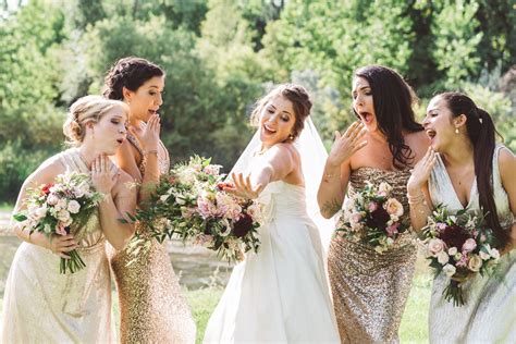 A Bride Showing Off Her New Bling To Her Bridesmaids Bridesmaids Bridesmaid Dresses Wedding