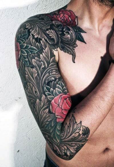 Stunning effect in this mens upper arm half sleeve, with a rose on the shoulder and a clock face below. Top 100 Best Sleeve Tattoos For Men - Cool Designs And Ideas