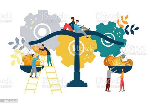 Vector Illustration People Spreading Money And Ideas On Scales Business