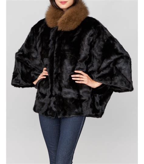 pieced black mink fur cape with brown fox fur collar