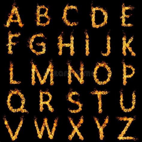 Fire Font Text All Letters Of Alphabet On Black Background Stock