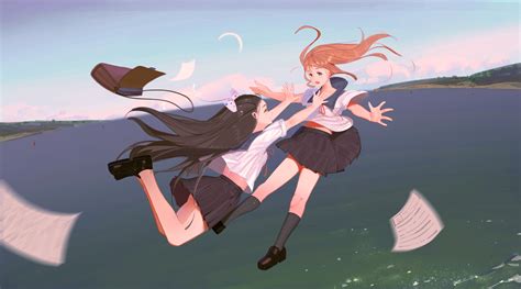 Wallpaper Anime Girls School Uniform Sailor Uniform Sea Sky Long