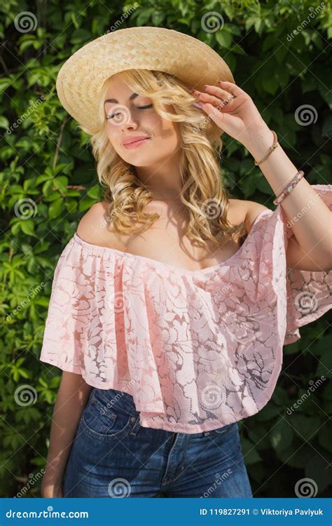 Sensual Young Lady With Lush Wavy Hair Wearing Hat And Stylish O Stock Image Image Of Colorful