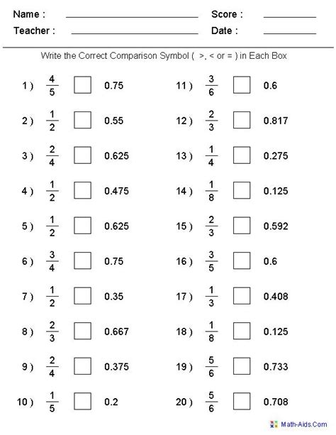 Comparing And Ordering Fractions Decimals And Percents Worksheets Pdf