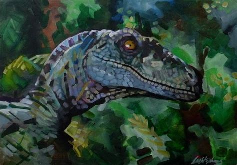 Velociraptor Jurassic Park Iii Acrylic Painting On Board Original Movie