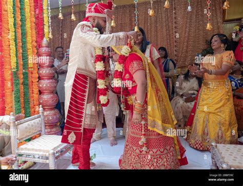 Bei Einer Traditionellen Hindu Hochzeitsfeier Legt Der Bräutigam Eine Kette Von Blumen Auf Die