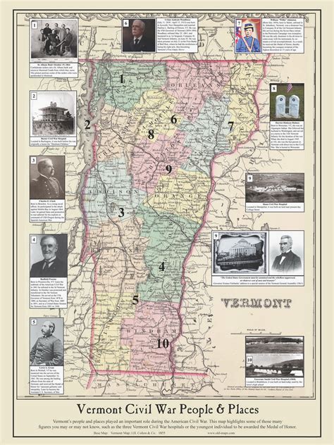 Vermont Civil War People And Places 2014 Vermont Old Map Reprint