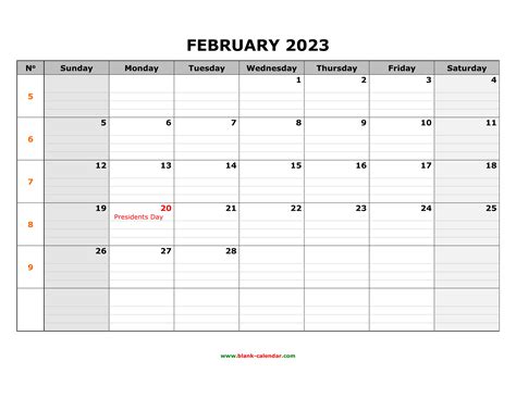 Free Download Printable February 2023 Calendar Large Box Grid Space