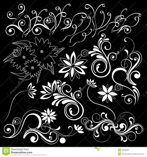 Floral Design Elements Black Background Stock Illustration