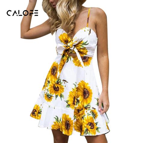 Calofe Floral Summer Beach Dress Women Bowknot Sexy Mini Dresses Strap Sleevless Sundress Casual