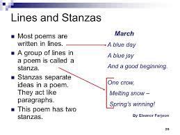 One of many divisions of a poem, made up of two or more outlines often characterized by a common pattern of meter, rhyme, and (n) a unit of a poem, written or imprinted as a paragraph; stanza examples