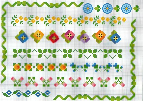 Various Cross Stitch Borders With Small Motifs Colored Flowers