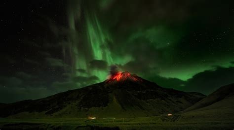 Aurora Borealis Over Volcano Fimmvruhls In Iceland
