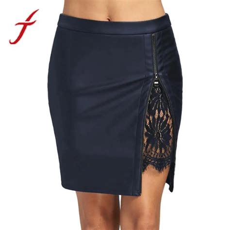 Feitong Leather Skirt Women Girls Fashion Lace Patchwork Zipper Uniform Pencil Skirts Women Mini