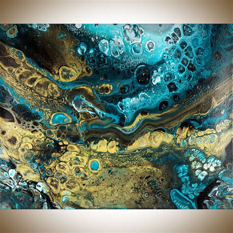 Original Abstract Acrylic Pour Painting Green And Gold Fluid Acrylic