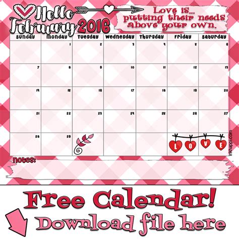 February 2016 Calendar And Love Print Inkhappi