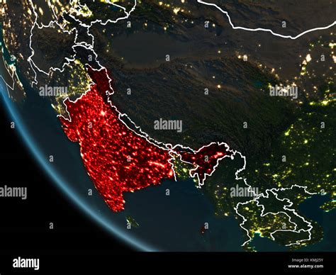 Satellite View Of India Highlighted In Red On Planet Earth At Night