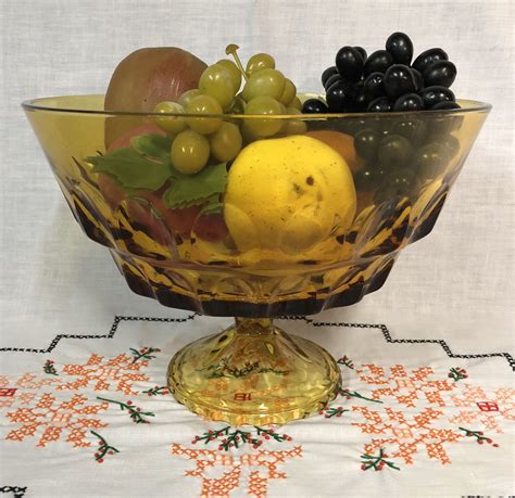 mid century honey amber large pedestal fruit bowl with etsy vintage glassware collectible