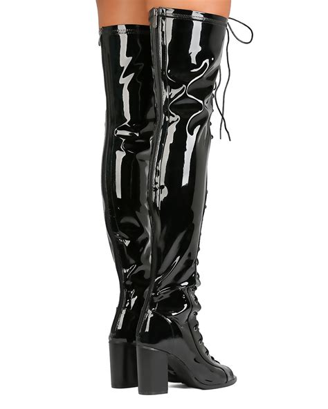 New Women Cape Robbin Abril 1 Patent Pu Thigh High Lace Up Chunky Heel Boot Ebay