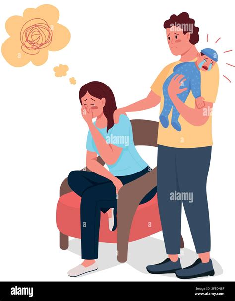 Tired Mother With Husband And Newborn Baby Flat Color Vector Detailed