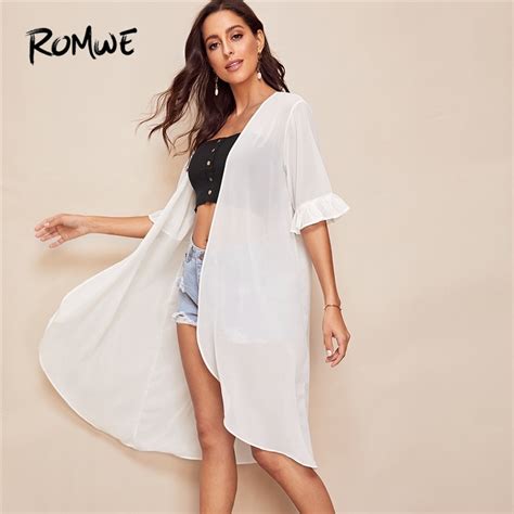 Romwe Sport White Bell Sleeve Thin Long Beach Cover Ups Women Half Sleeve Ruffle Asymmetrical
