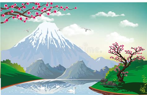 Landscape Sakura On The River Bank Mount Fuji Fisherman On The