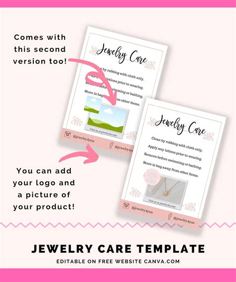 Jewelry Care Card Template Editable Tip Guide Instructions Etsy
